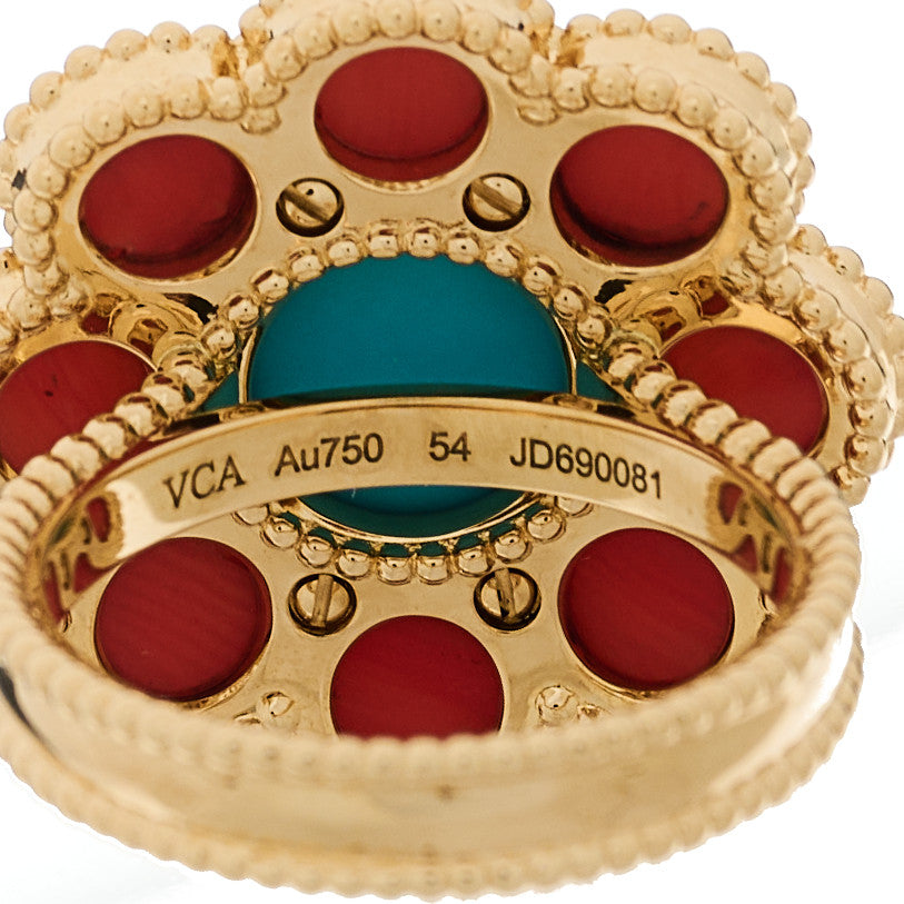 Van Cleef & Arpels 18K Yellow Gold Coral Turquoise Paquerette Ring 54 7 5 of 6