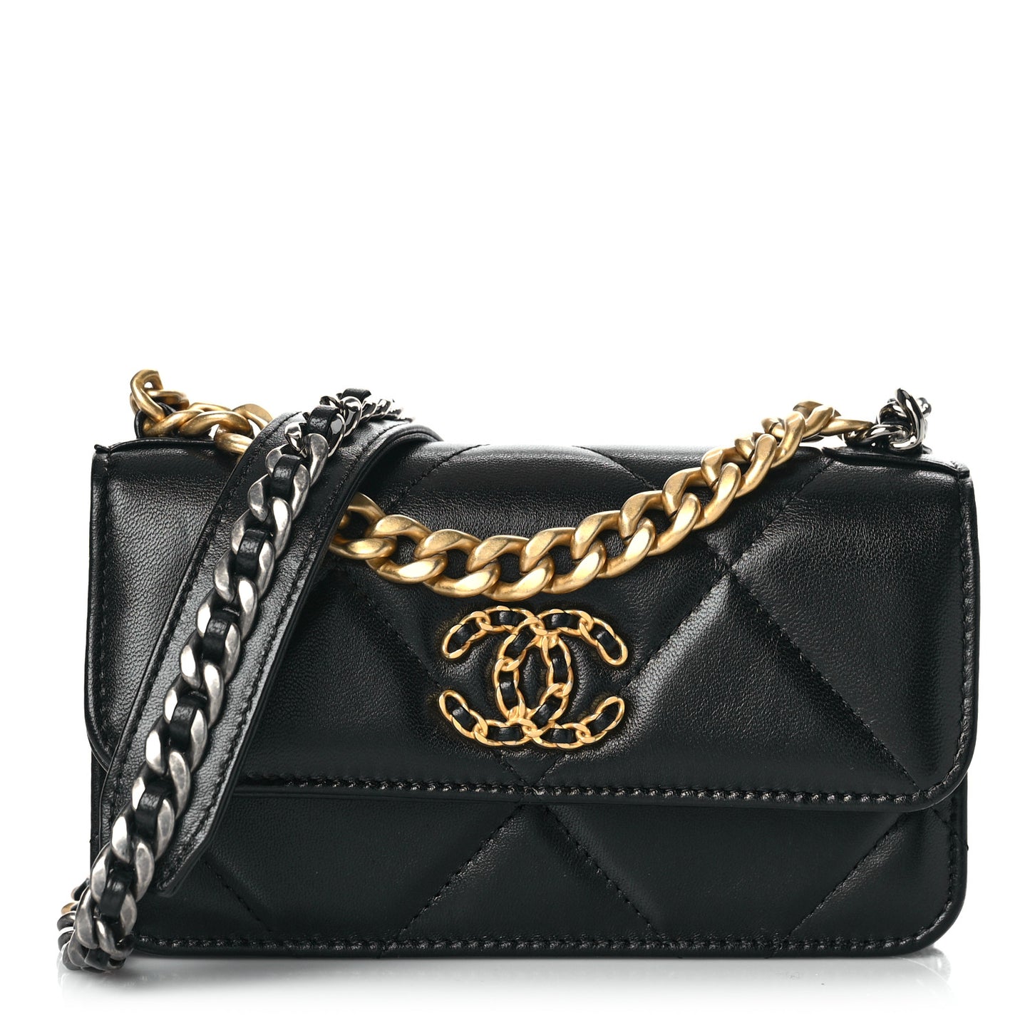 Lambskin Quilted Chanel 19 Flap Phone Holder With Chain Black