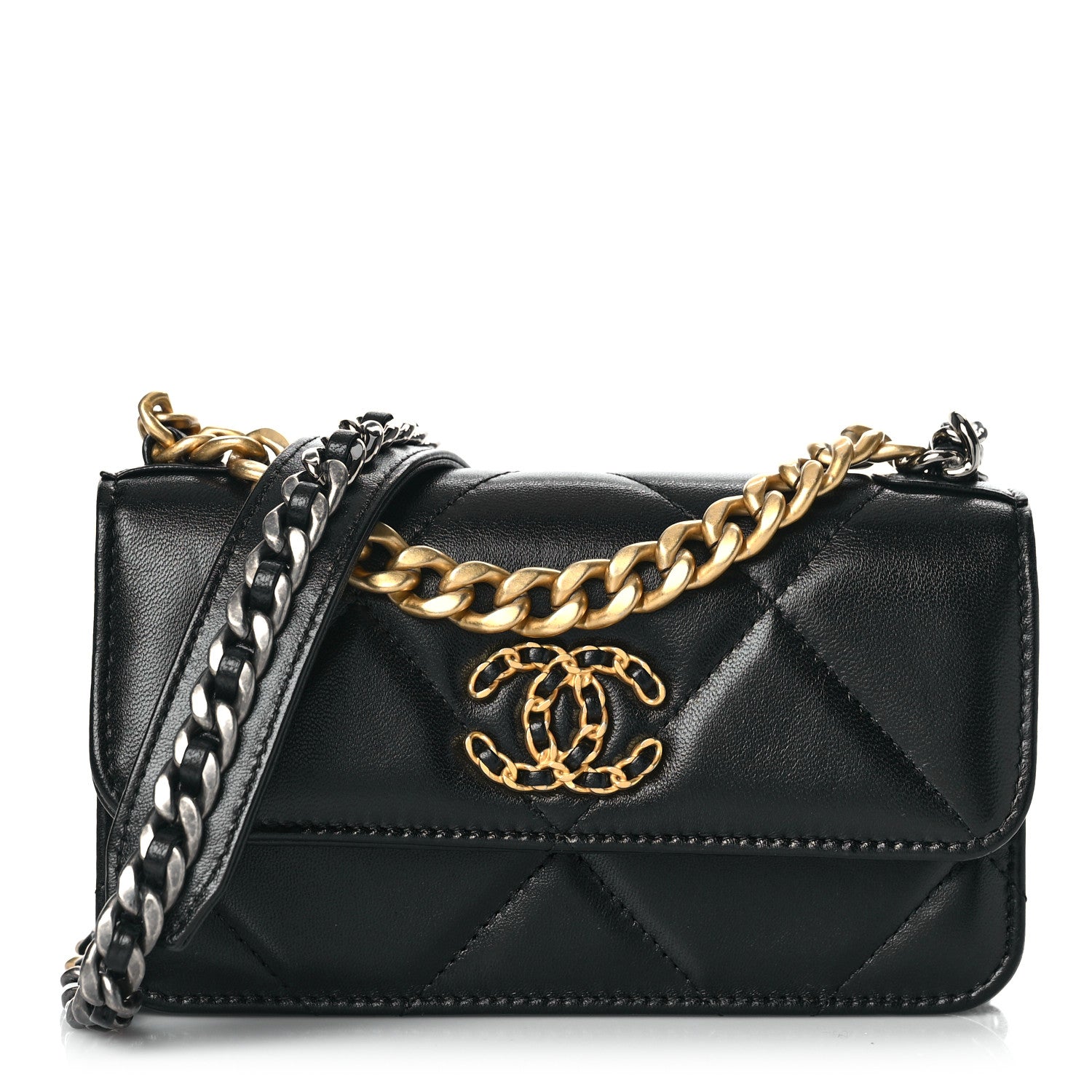 Chanel Lambskin Quilted Chanel 19 Flap Phone Holder With Chain Black 1 of 10