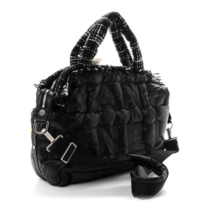 Chanel Tweed Nylon Embossed Large Doudoune Bowling Bag Black 3 of 11