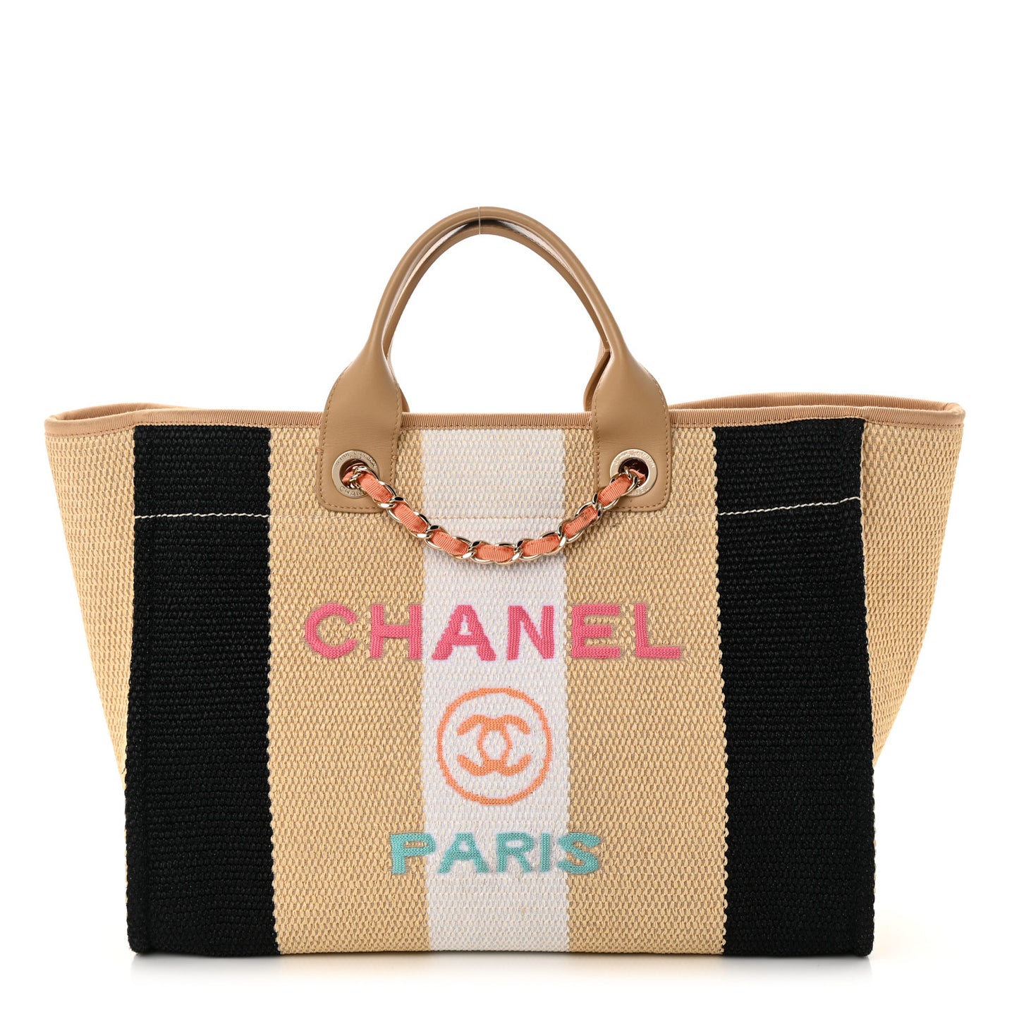 Straw Raffia Calfskin Striped Medium Deauville Tote Black Beige Ivory