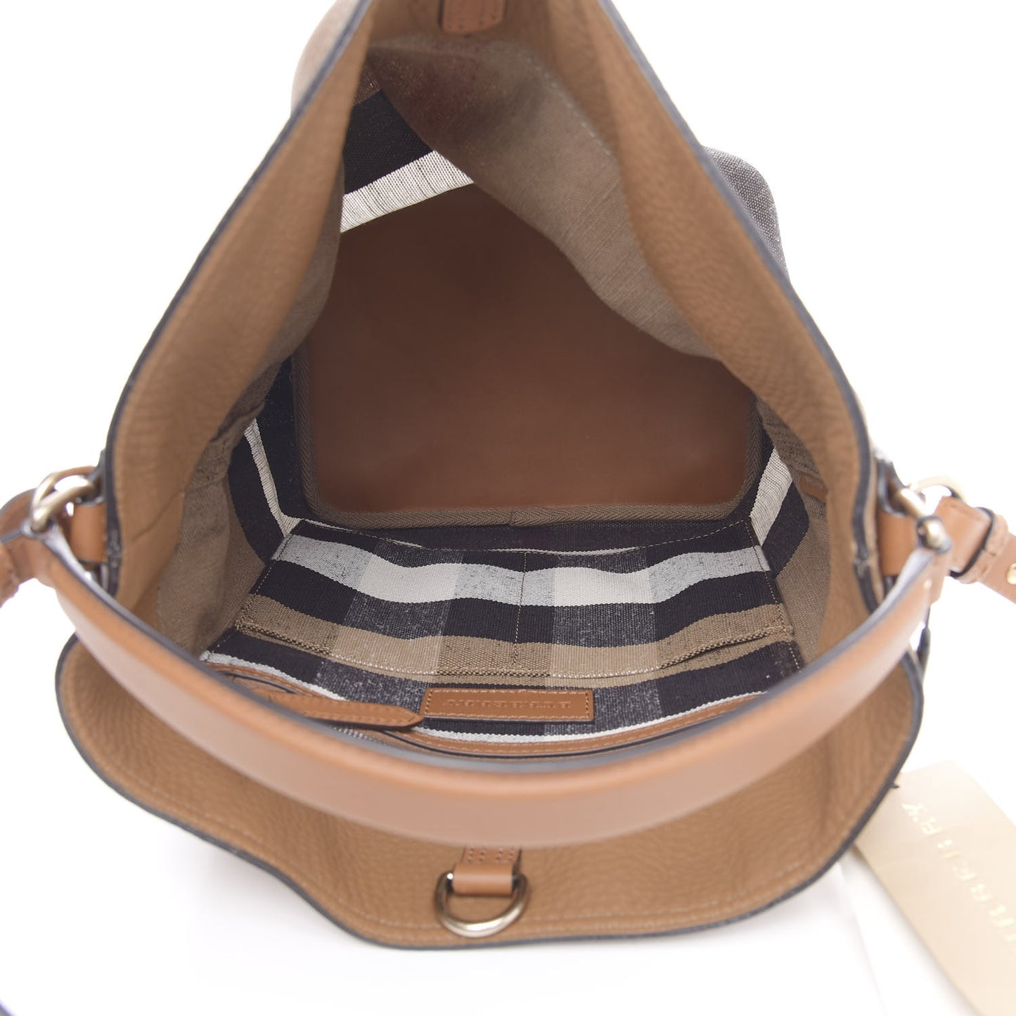 Grainy Calfskin Canvas Mega Check Medium Ashby Tassel Hobo Saddle Brown