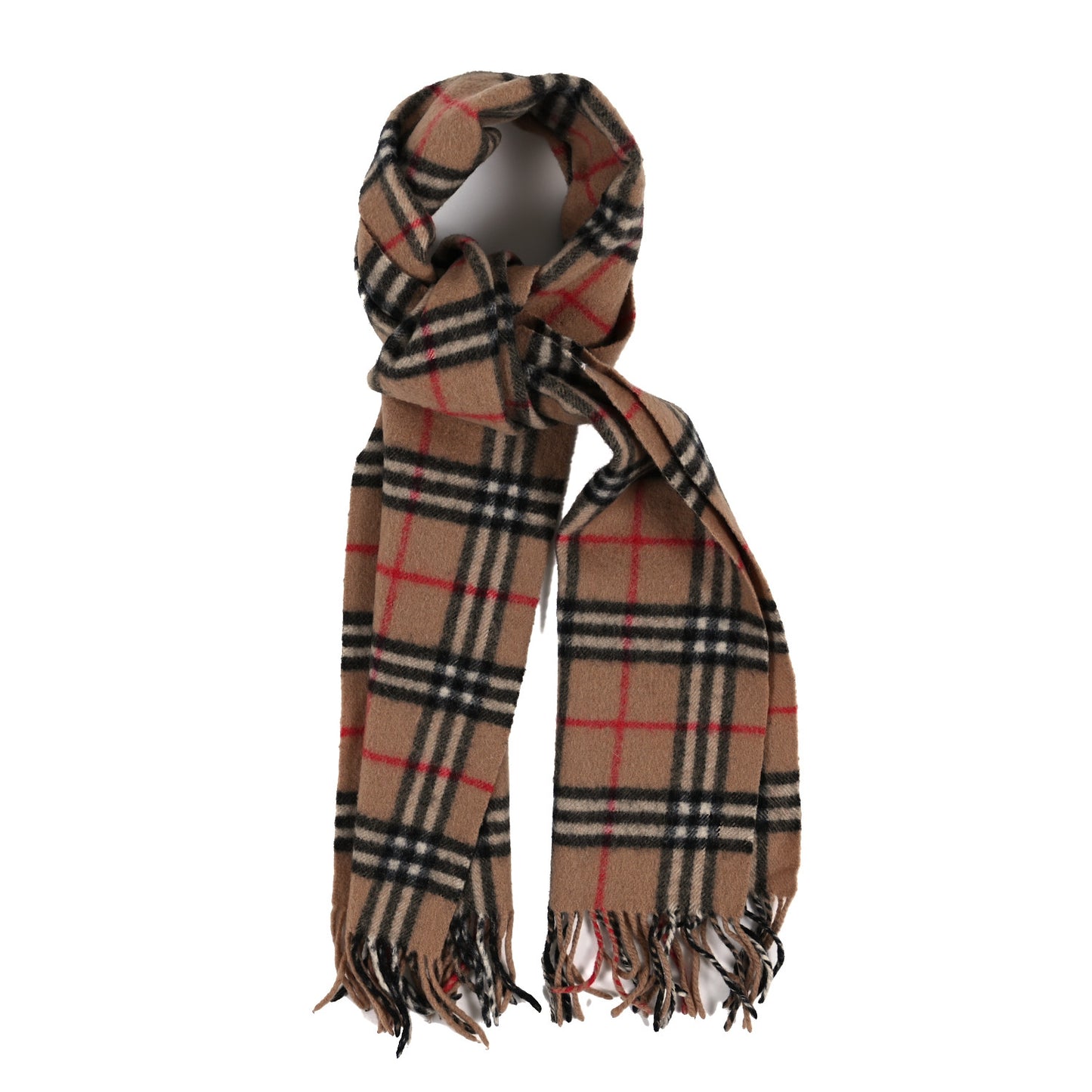 Wool Cashmere House Check Fringe Scarf Camel