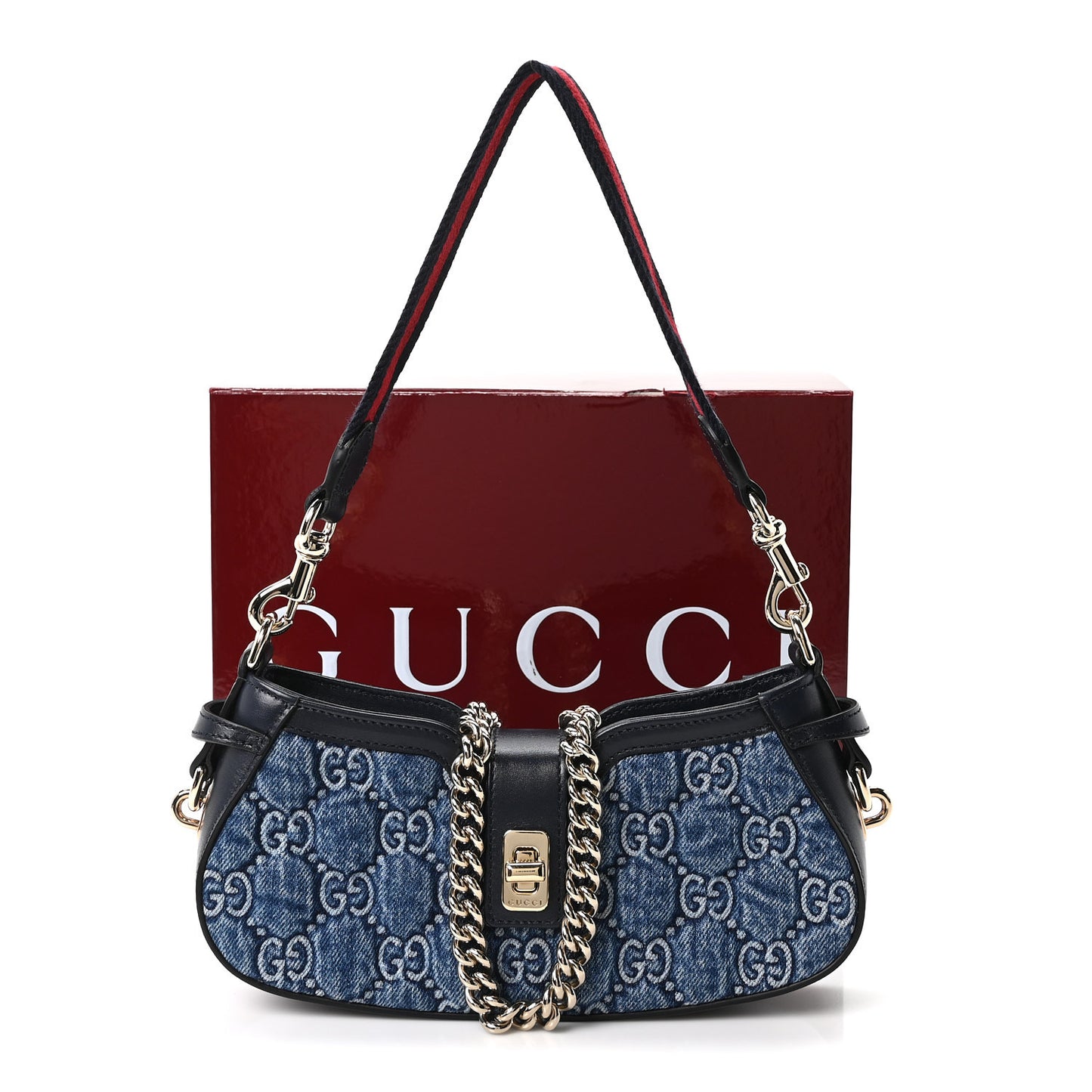 Denim GG Monogram Mini Moon Side Shoulder Bag Blue