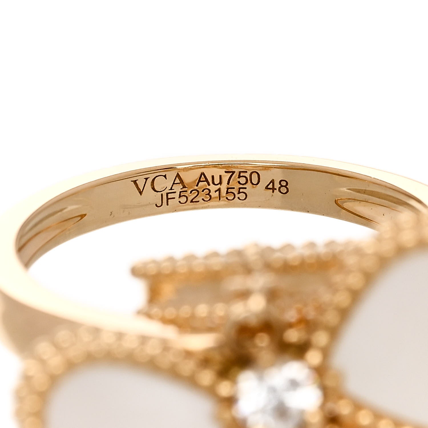 Van Cleef & Arpels 18K Yellow Gold Diamond Mother of Pearl Sweet Alhambra Effeuillage Ring 48 4.5 4 of 5