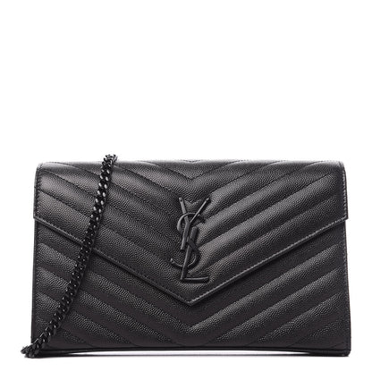 Saint Laurent Grain De Poudre Matelasse Chevron Monogram Chain Wallet Black 1 of 10