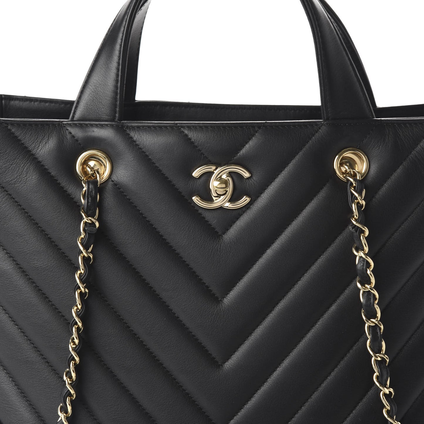 Calfskin Chevron Quilted Large Shopping Tote Black