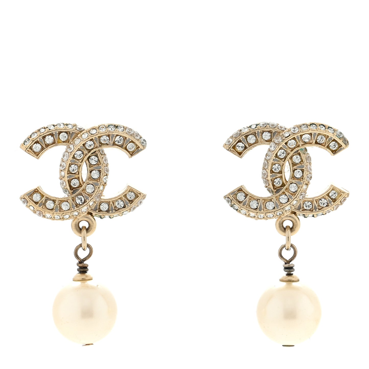 Crystal Pearl CC Drop Earrings Gold