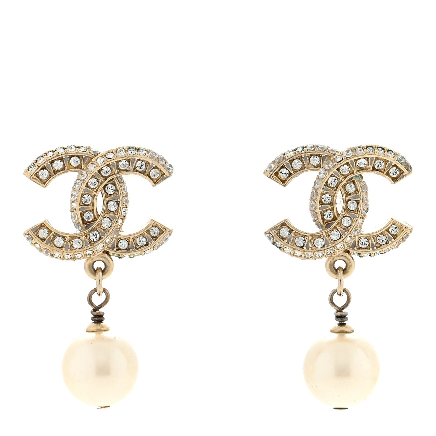 Chanel Crystal Pearl CC Drop Earrings Gold 1 of 4