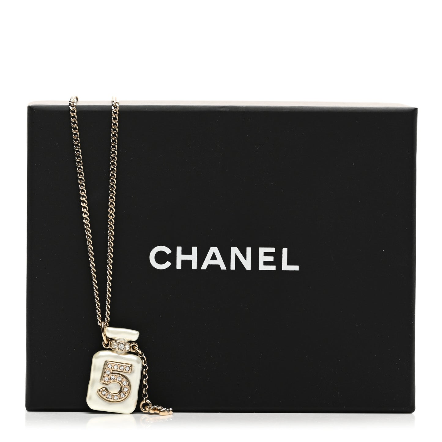 Crystal Pearl CC No. 5 Perfume Bottle Necklace White Gold