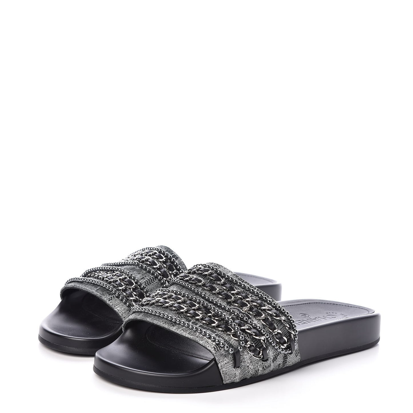 Fantasy Lambskin Pearl Chain CC Flat Mules 40 Silver Black