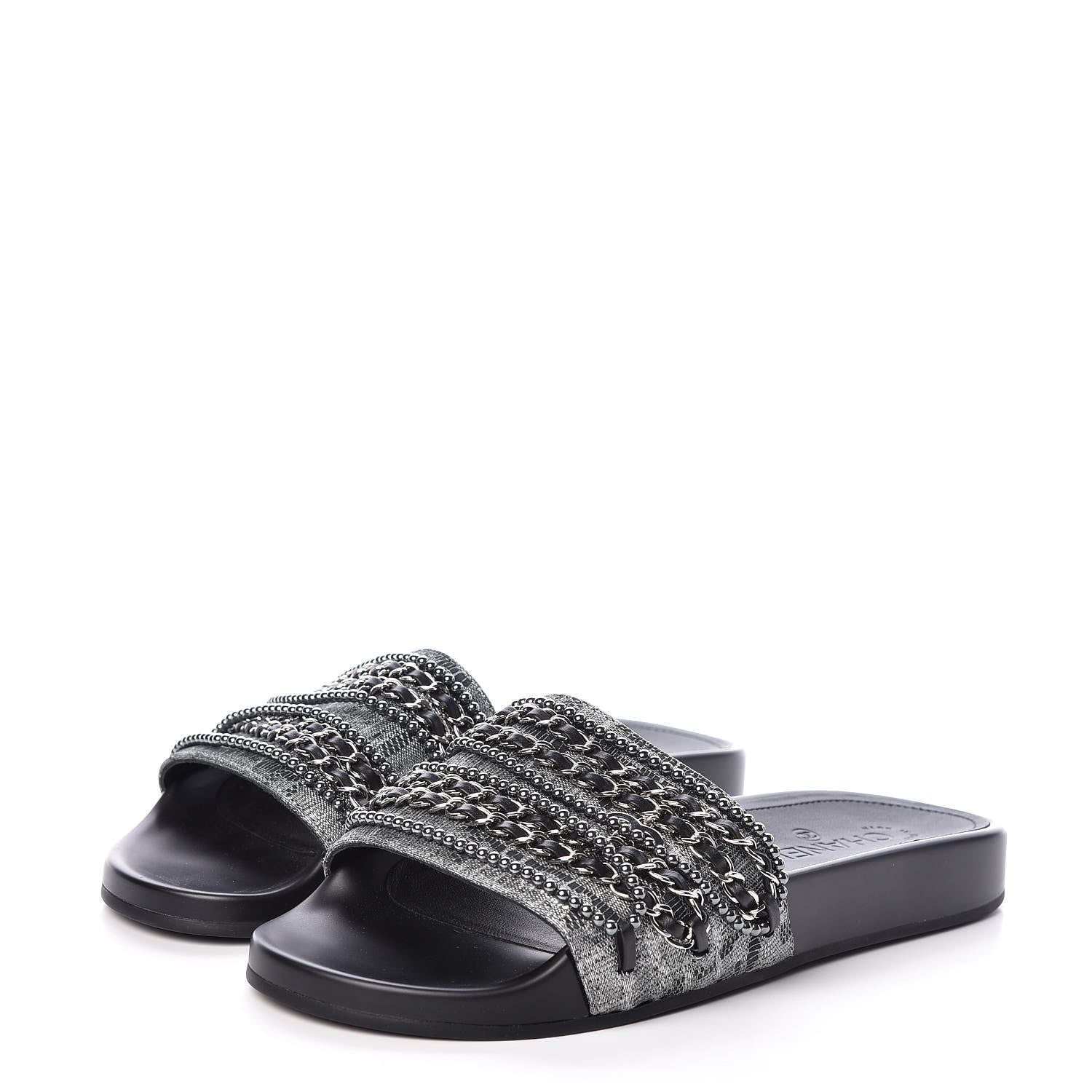 Chanel Fantasy Lambskin Pearl Chain CC Flat Mules 40 Silver Black 4 of 11