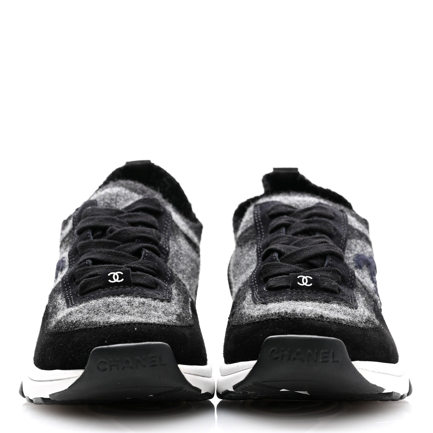 Chanel Knit Fabric Suede Calfskin Womens CC Sneakers 36 Grey Black 2 of 8