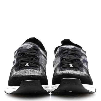 Chanel Knit Fabric Suede Calfskin Womens CC Sneakers 36 Grey Black 2 of 8