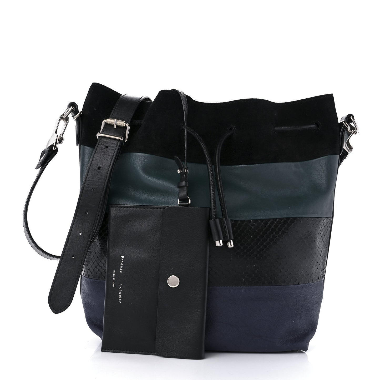 Smooth Calfskin Suede Snakeskin Paneled Bucket Bag Blue