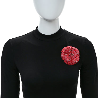 Chanel Tweed Camellia Pin Brooch Red Ecru Black 2 of 6