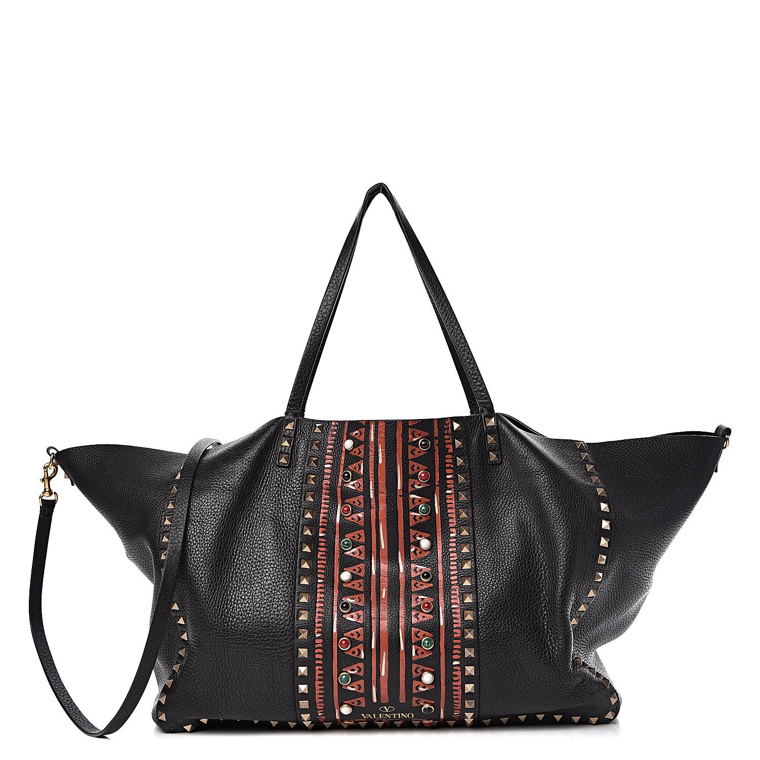 Valentino Garavani Grained Calfskin Tribal Large Rockstud Rolling Crossbody Tote Black 1 of 17