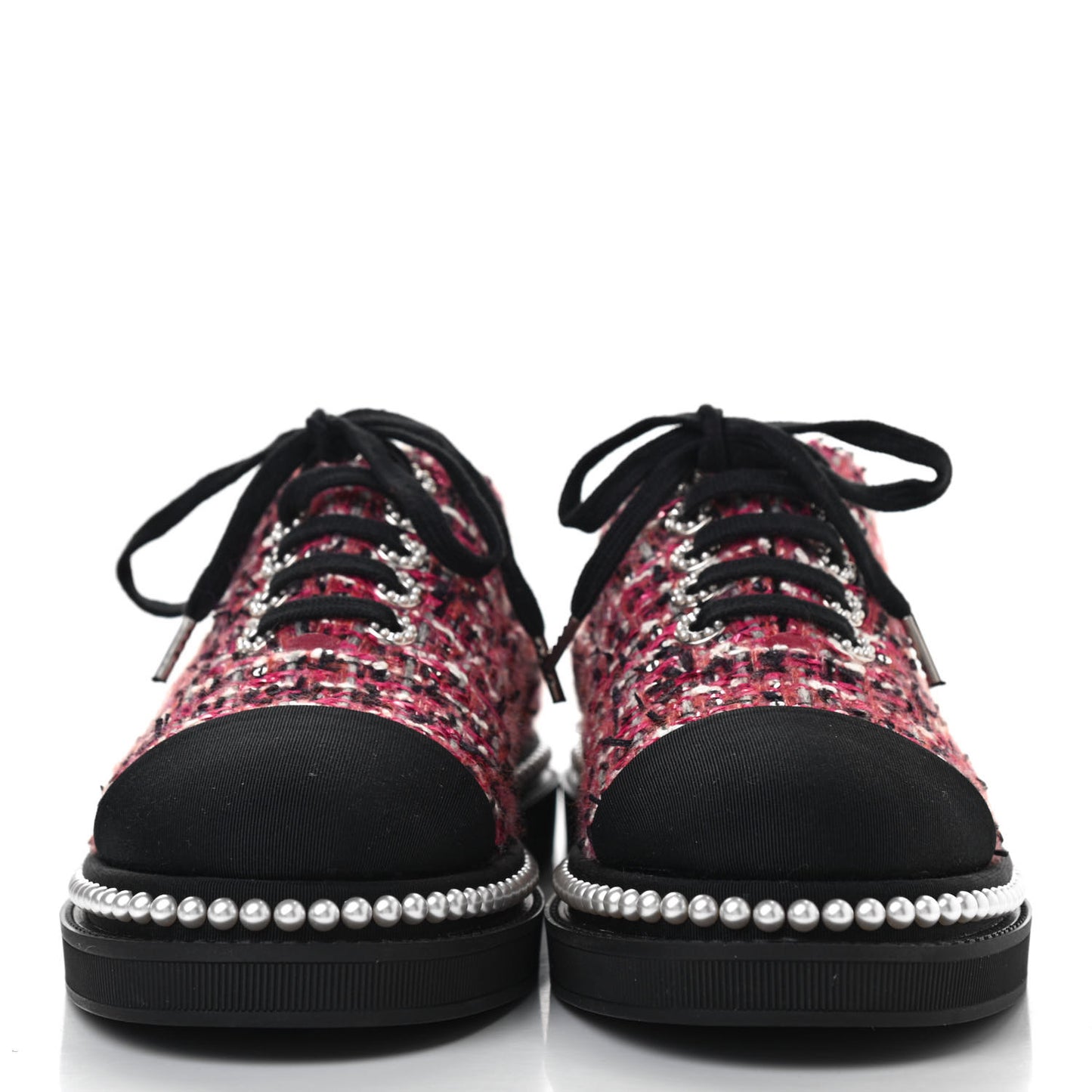 Tweed Grosgrain Sequin Pearl Lace Up Sneakers 39 Black Pink