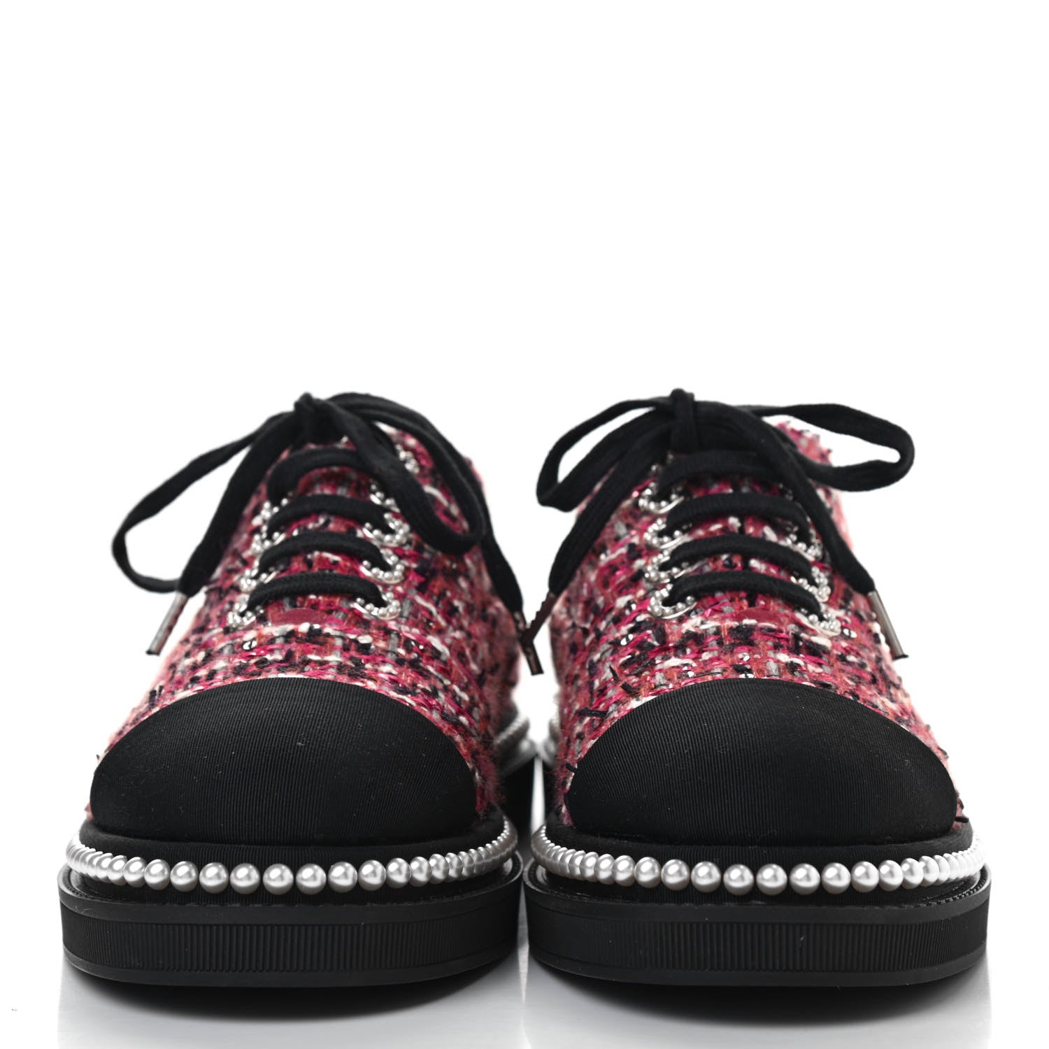 Chanel Tweed Grosgrain Sequin Pearl Lace Up Sneakers 39 Black Pink 2 of 7
