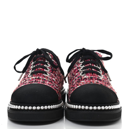 Chanel Tweed Grosgrain Sequin Pearl Lace Up Sneakers 39 Black Pink 2 of 7