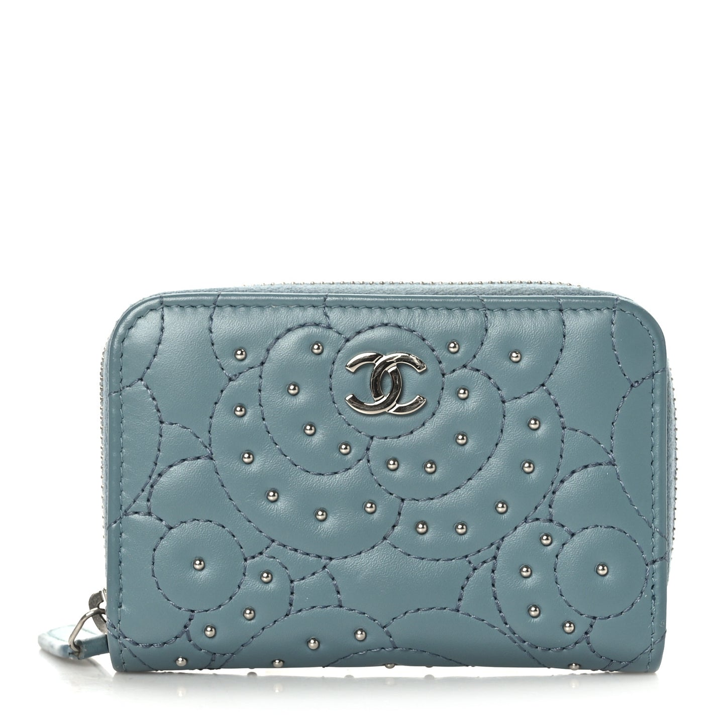 Lambskin Camellia Embossed Studded Zip Coin Purse Blue