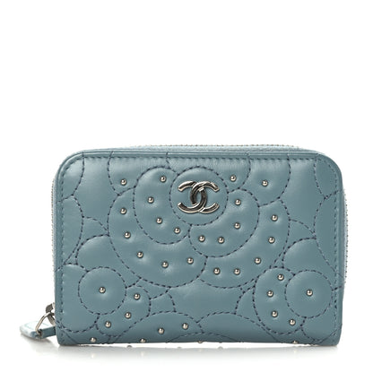 Chanel Lambskin Camellia Embossed Studded Zip Coin Purse Blue 1 of 7