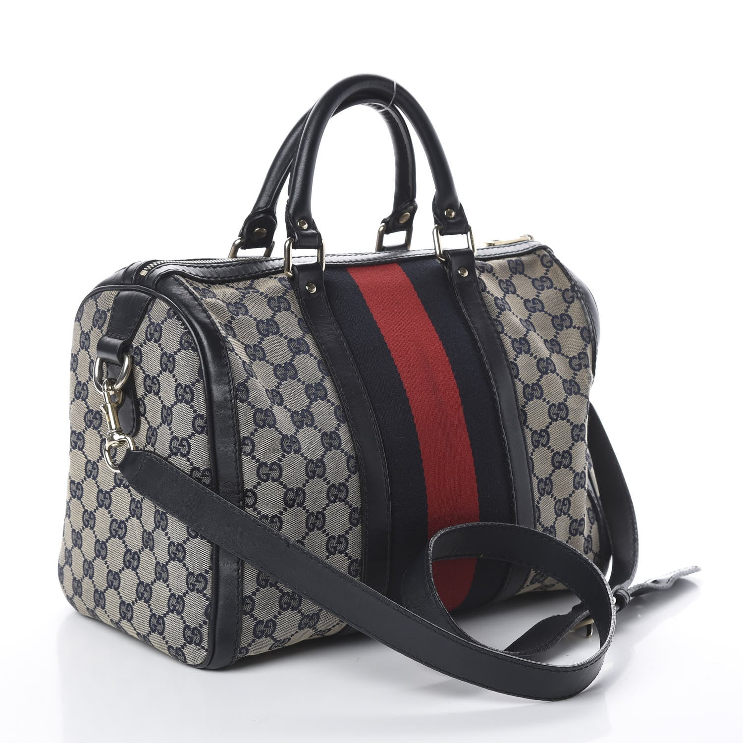 Gucci Monogram Selleria Calfskin Vintage Web Medium Boston Beige Blue 2 of 8