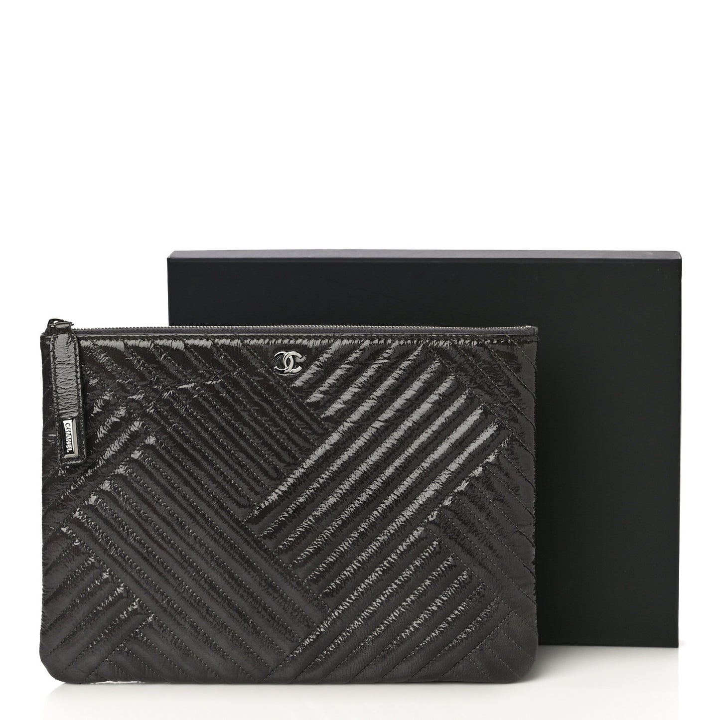 Distressed Patent Chevron Quilted Medium CC Crossing Cosmetic Case Black