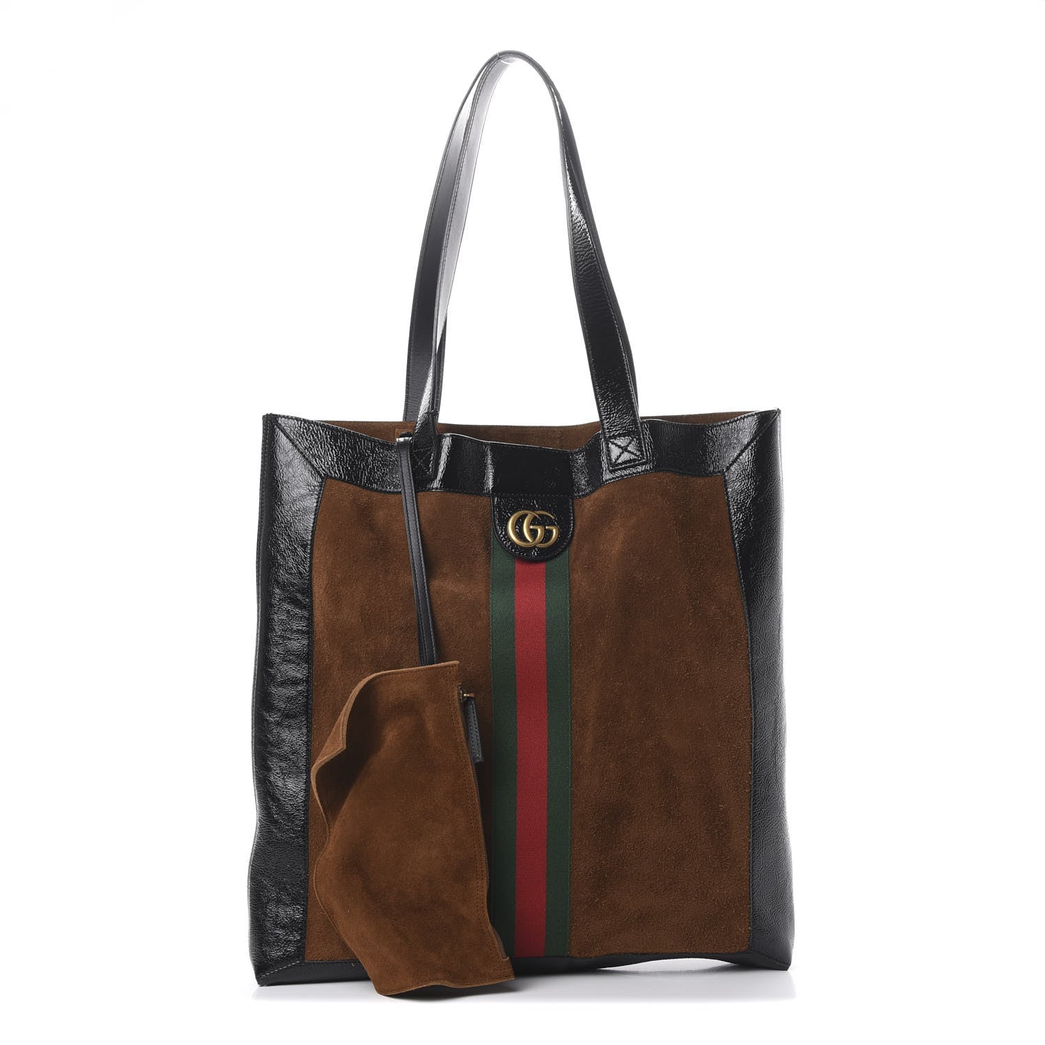 Gucci Suede Patent Web Large Ophidia Vertical Shopping Tote Nocciola Black 1 of 11