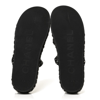 Chanel Cord Lambskin Quilted Logo Sandals 39 Black White 7 of 9