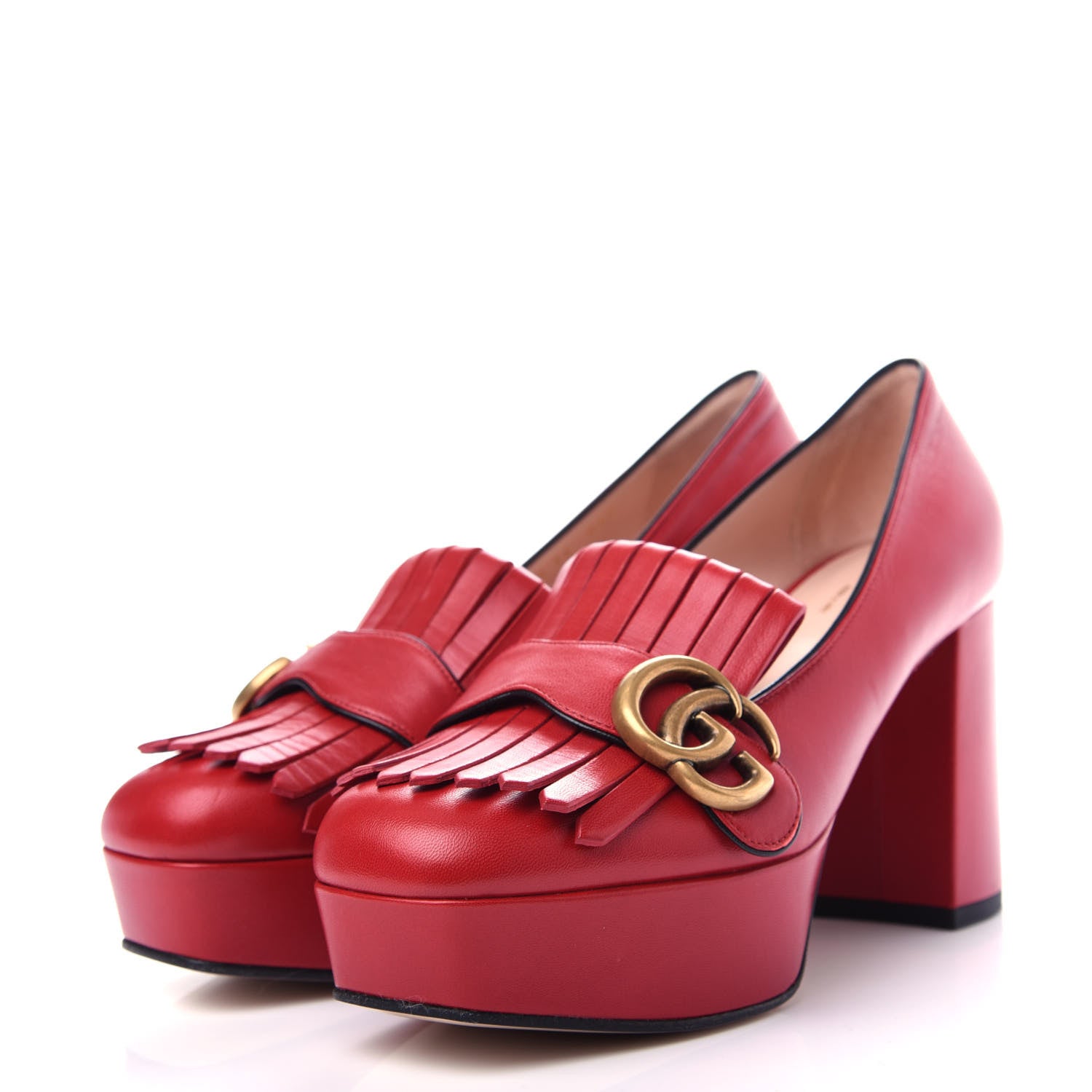 Gucci Malaga Kid GG Marmont Fringe Platform Loafer Pumps 36 Hibiscus Red 3 of 11