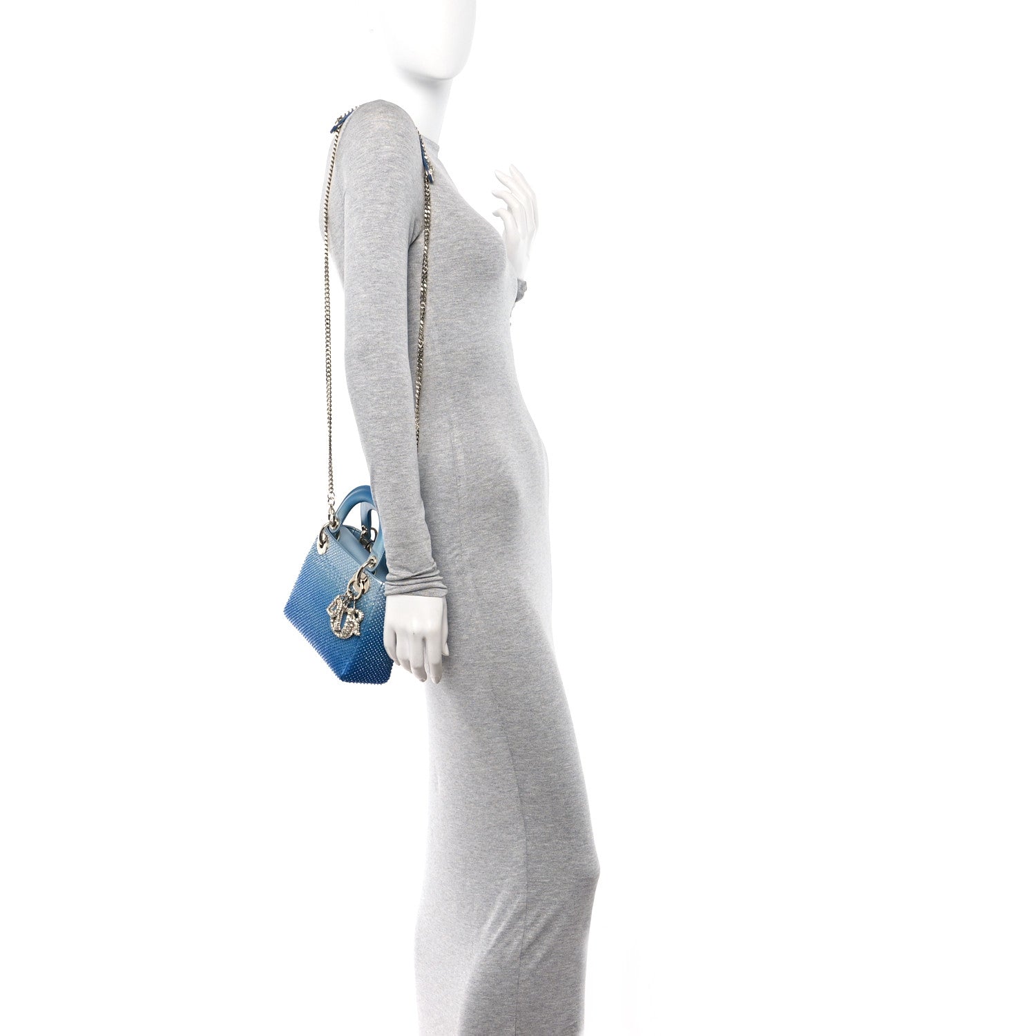 Christian Dior Metallic Calfskin Satin Bead Embroidery Cannage Mini Lady Dior Blue 2 of 9