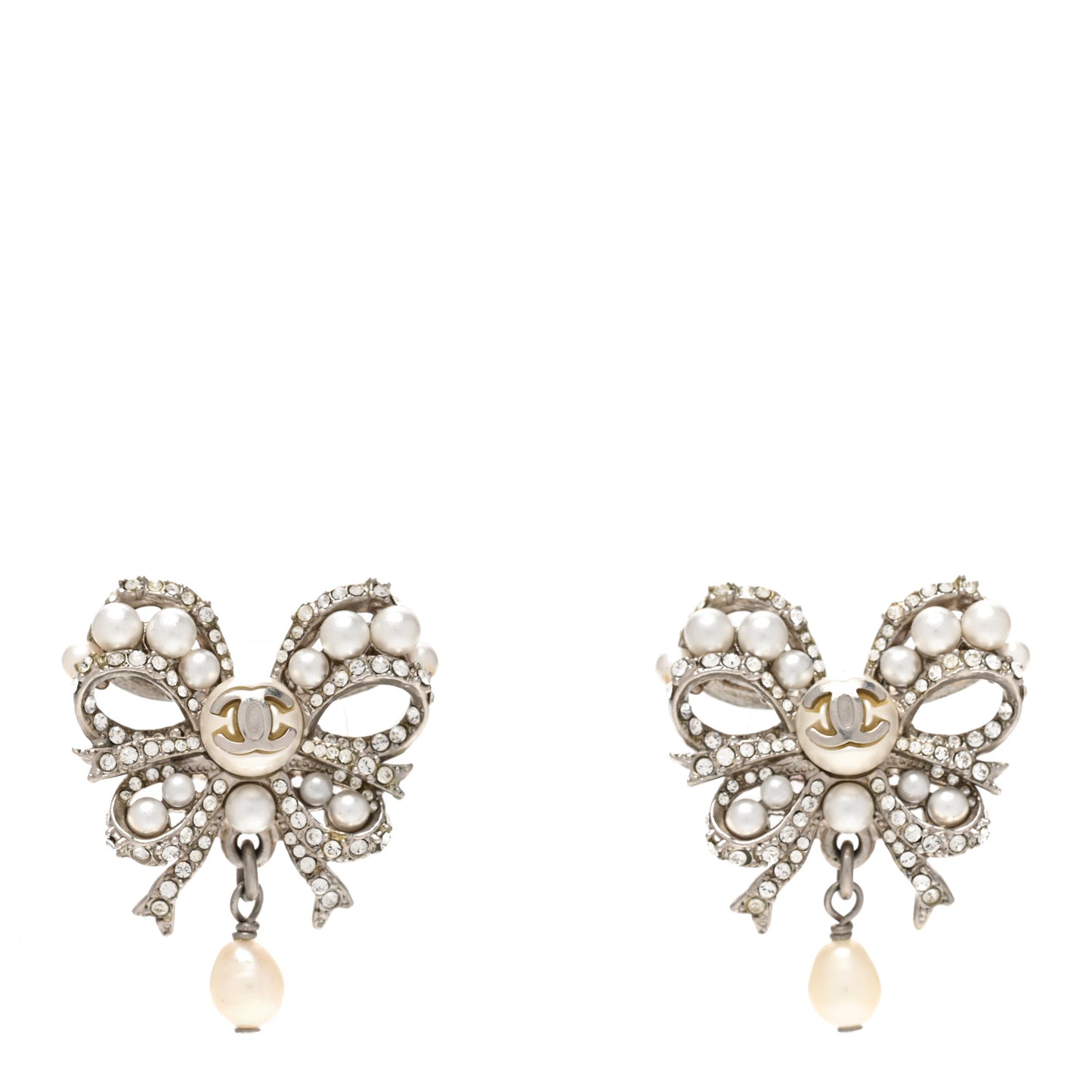 Crystal Pearl Bow CC Earrings Silver