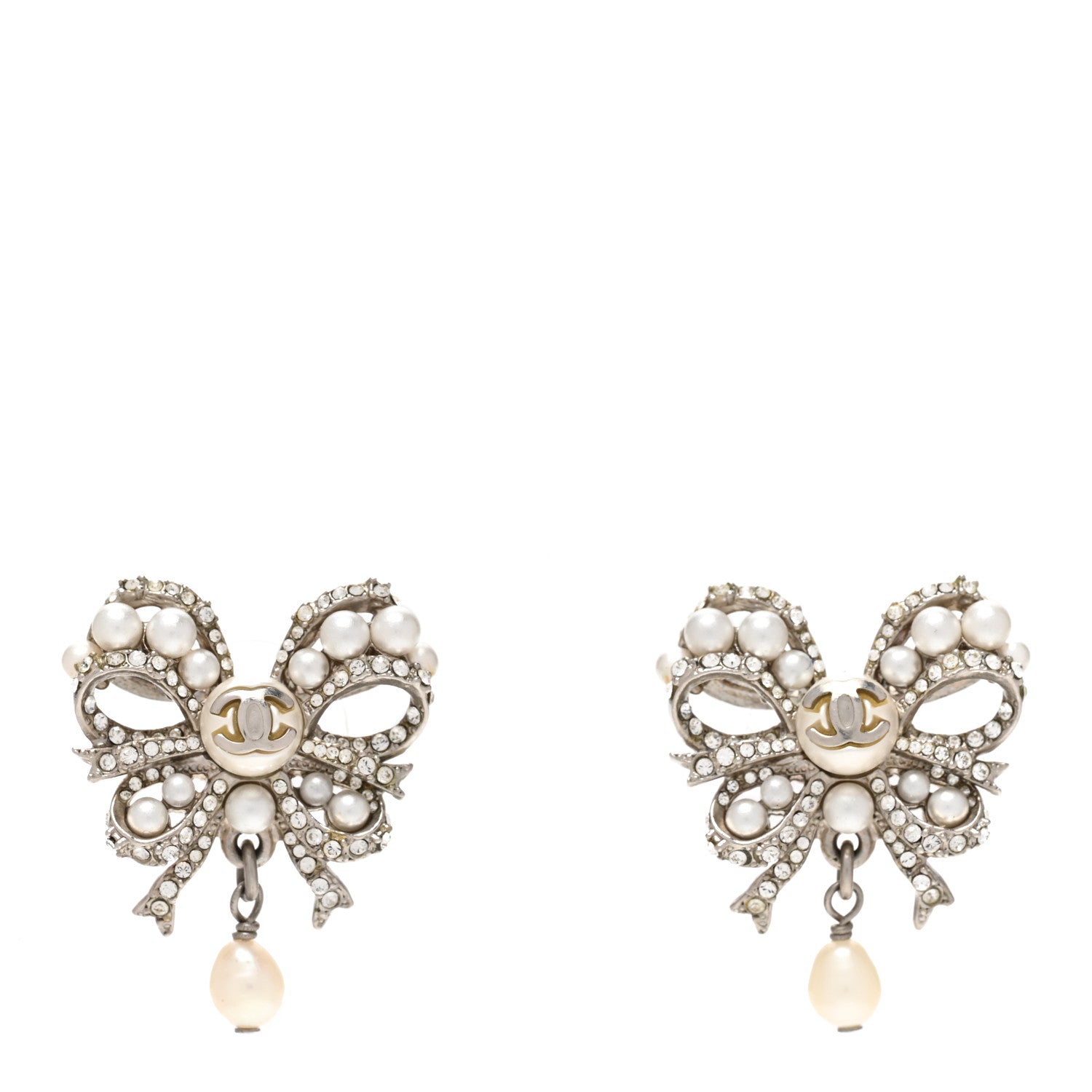 Chanel Crystal Pearl Bow CC Earrings Silver 1 of 5