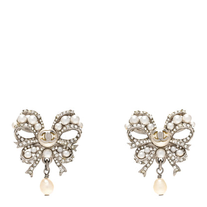 Chanel Crystal Pearl Bow CC Earrings Silver 1 of 5