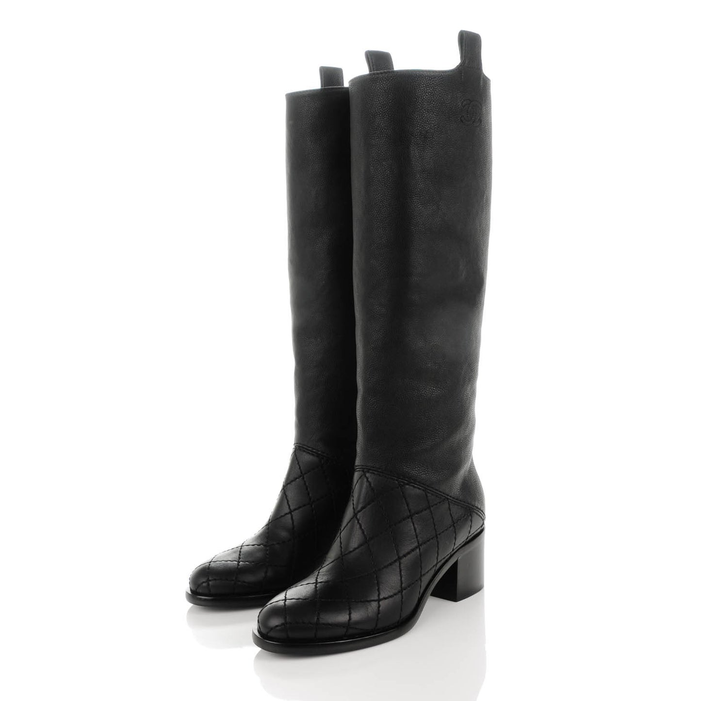 Calfskin Quilted Knee High CC Boots 37 Black