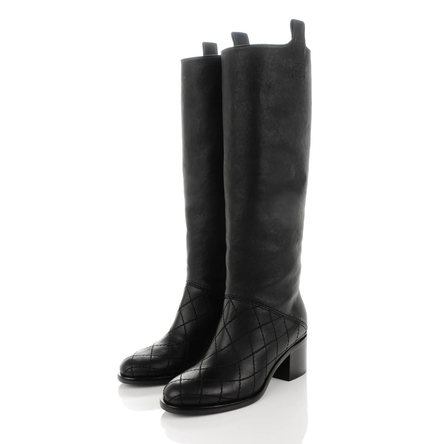 Chanel Calfskin Quilted Knee High CC Boots 37 Black 3 of 9