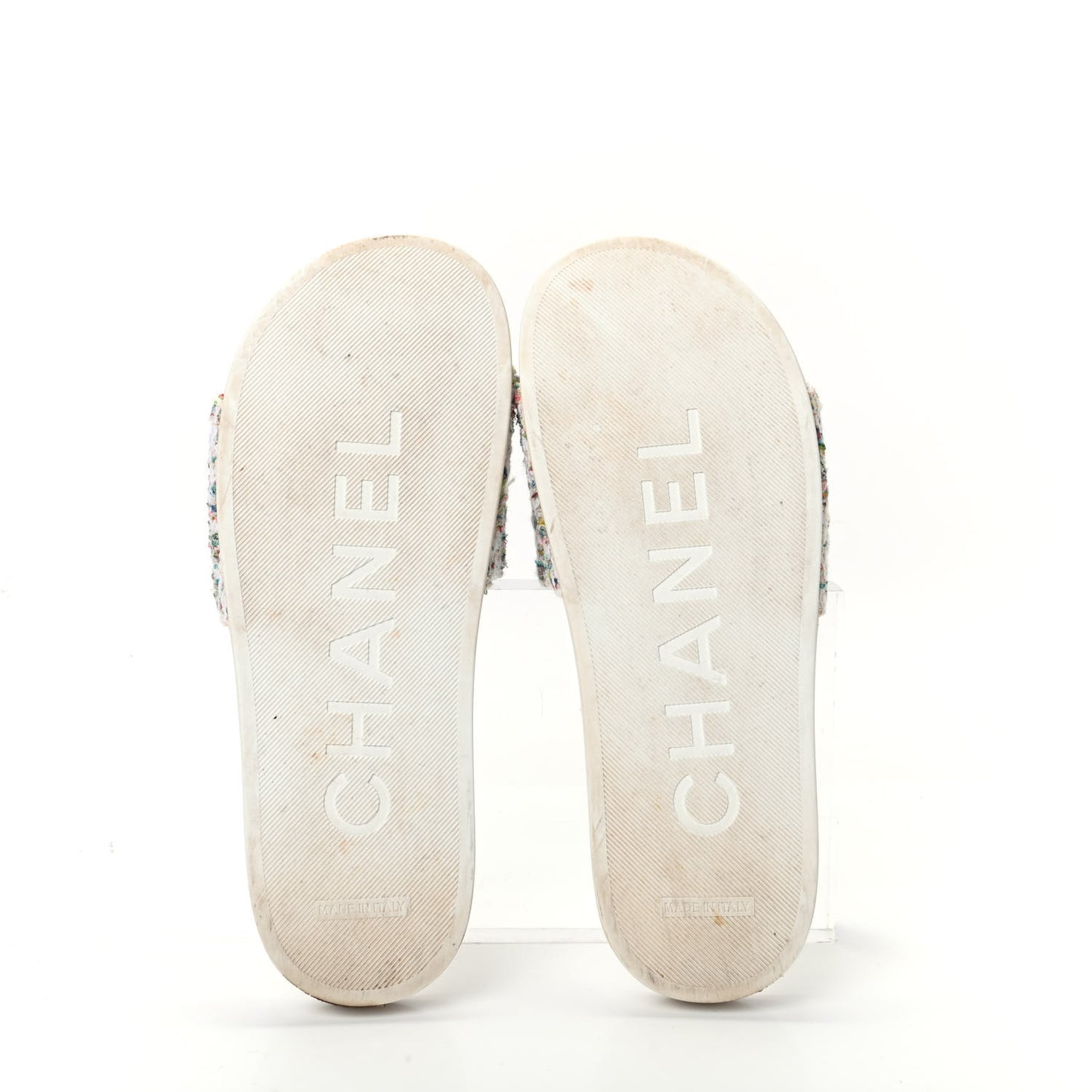 Tweed Grosgrain Camellia Flat Sandals 38 Ivory Ecru Green