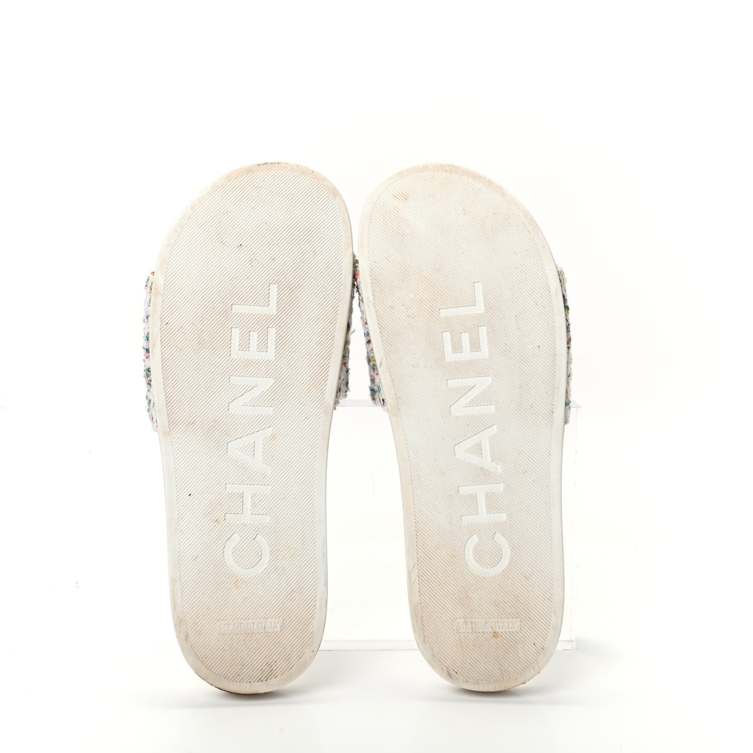 Chanel Tweed Grosgrain Camellia Flat Sandals 38 Ivory Ecru Green 5 of 7