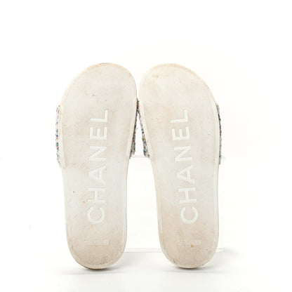 Chanel Tweed Grosgrain Camellia Flat Sandals 38 Ivory Ecru Green 5 of 7