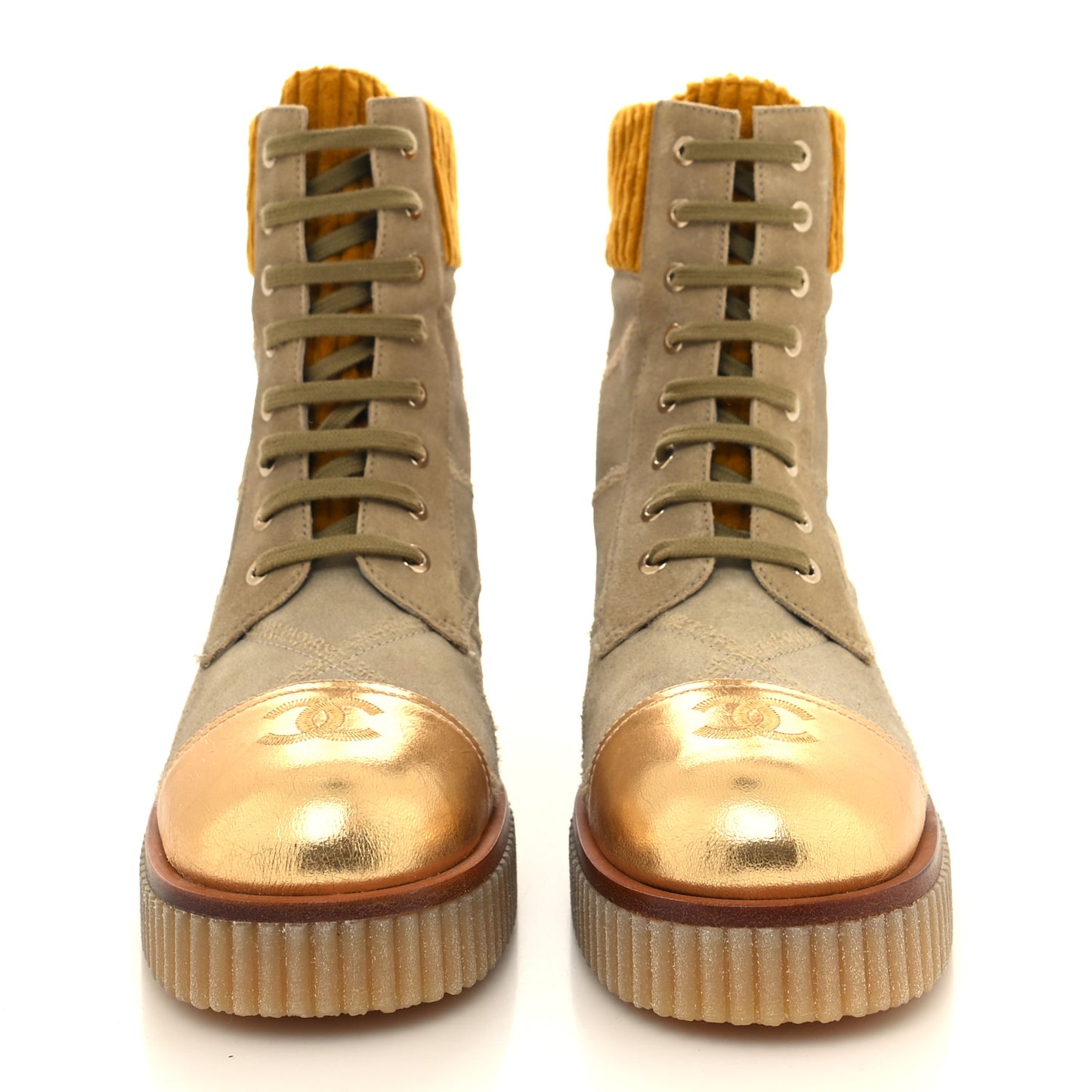 Suede Calfskin Velvet Laminated Quilted CC Combat Boots 39.5 Beige Yellow Gold