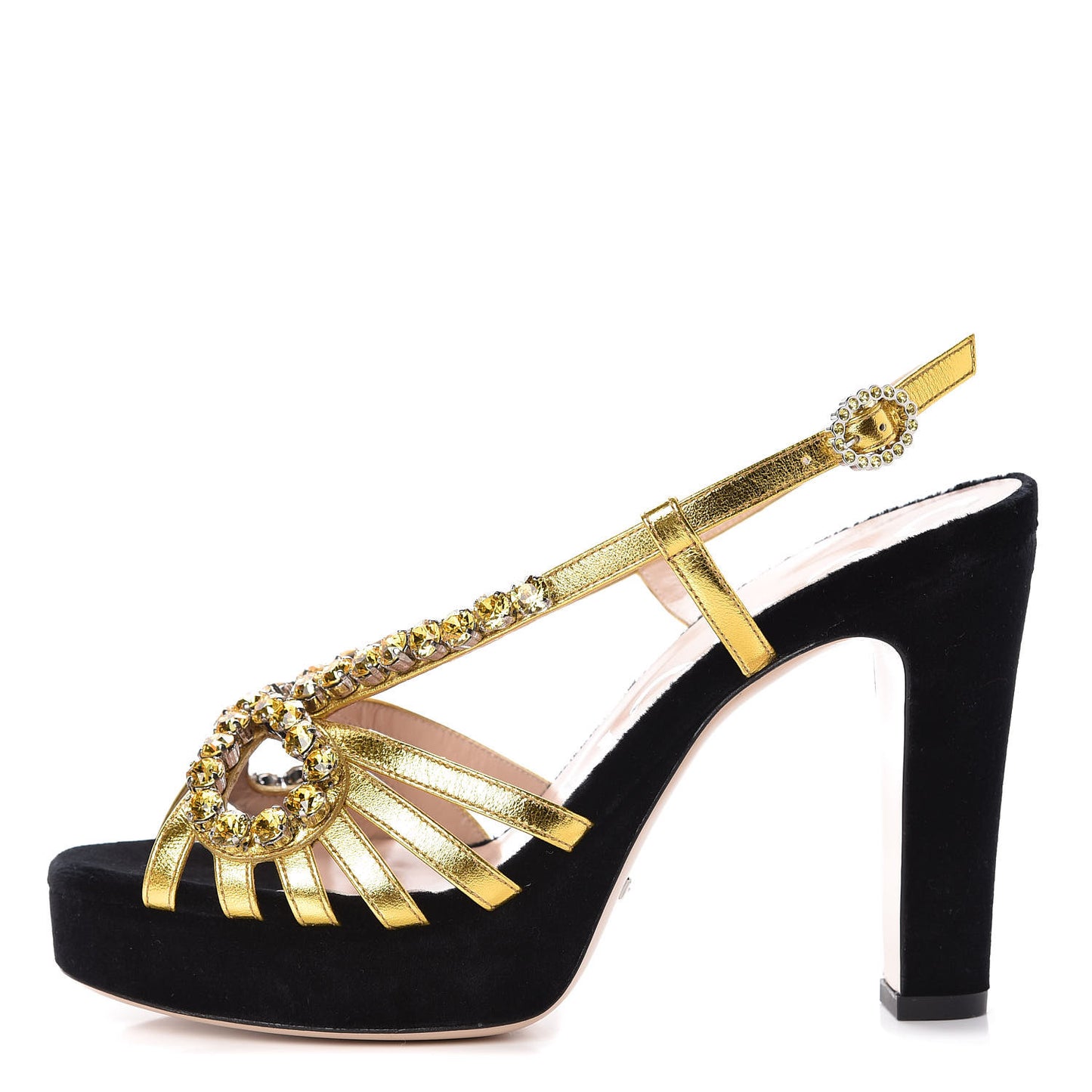 Velvet Nappa Crystal Zephyra Slingback Platform High Heel Sandals 37.5 Black Gold