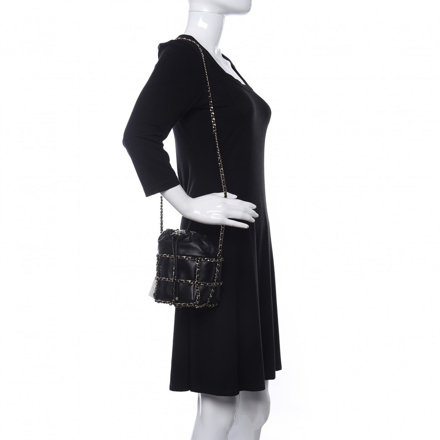 Lambskin Bucket Chain Drawstring Bag Black