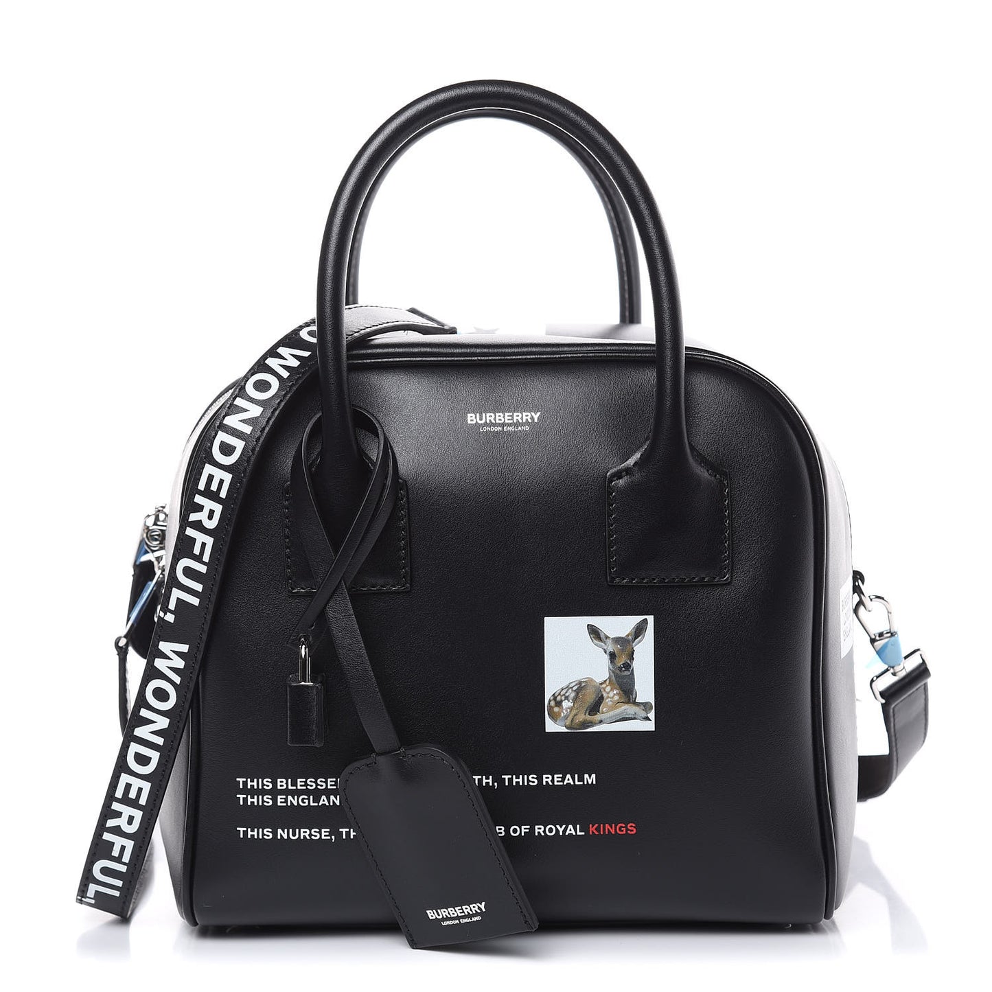 Smooth Calfskin Montage Print Small Cube Bowling Bag Black