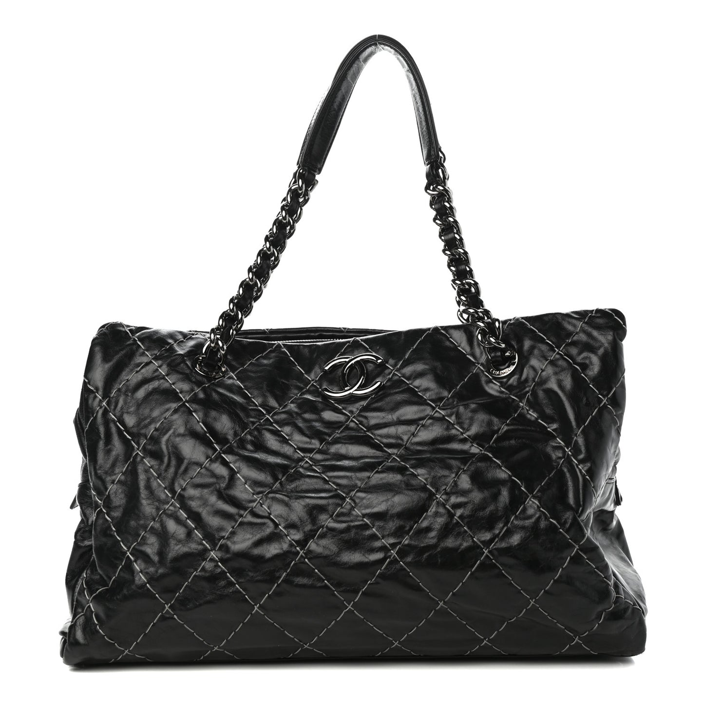 Glazed Goatskin Double Contrast Stitch Large Tote Black
