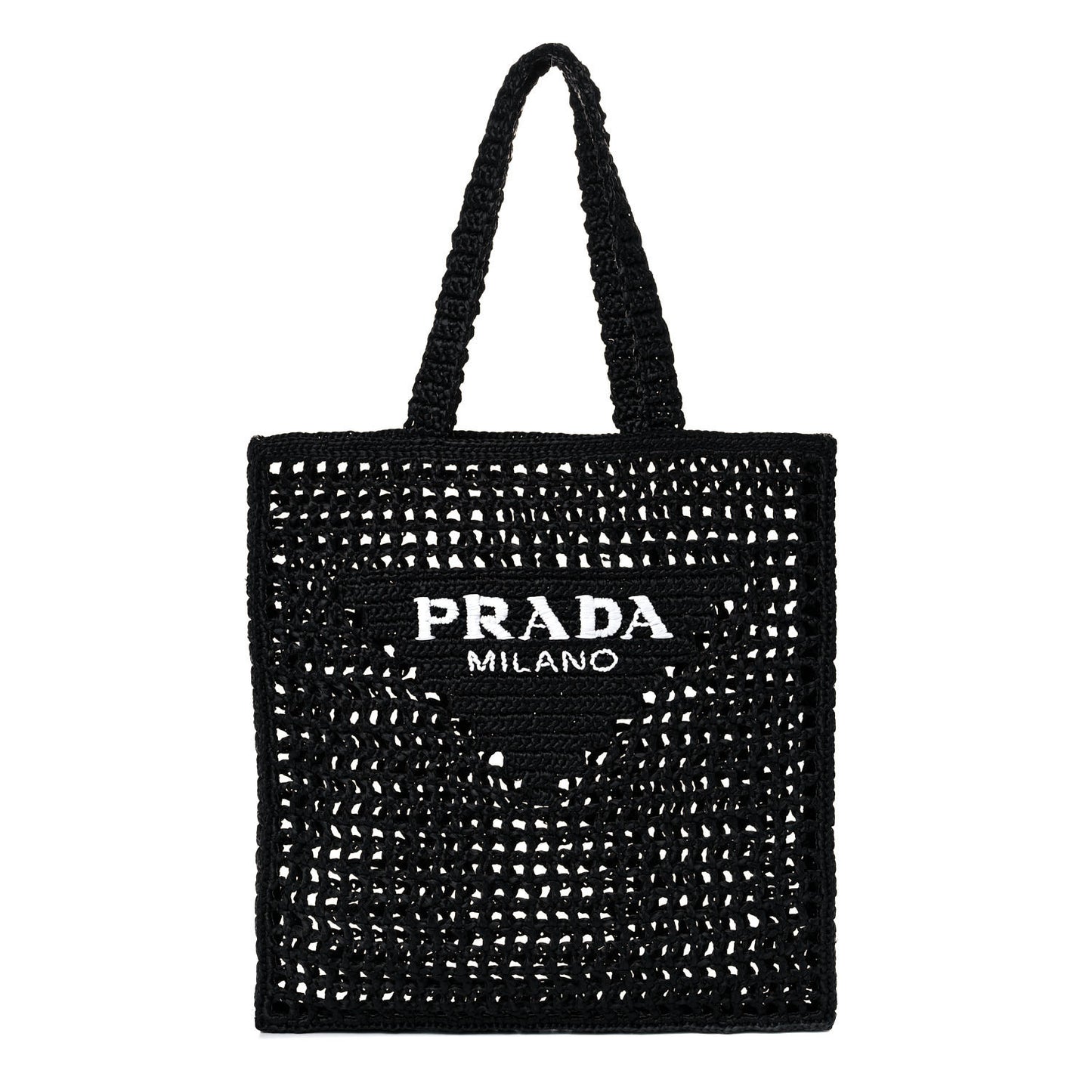 Yarn Raffia Effect Crochet Logo Embroidered Tote Bag Black