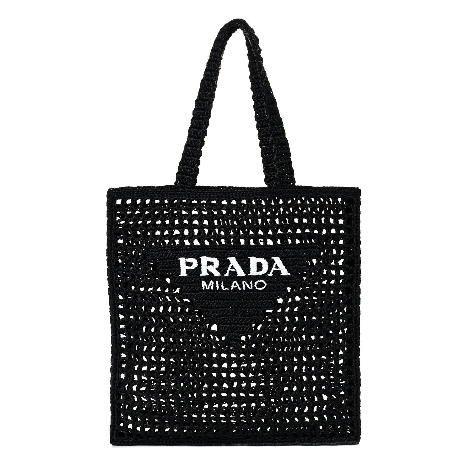 Prada Yarn Raffia Effect Crochet Logo Embroidered Tote Bag Black 1 of 8