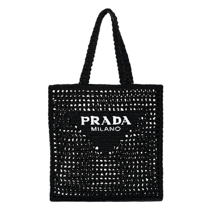 Prada Yarn Raffia Effect Crochet Logo Embroidered Tote Bag Black 1 of 8