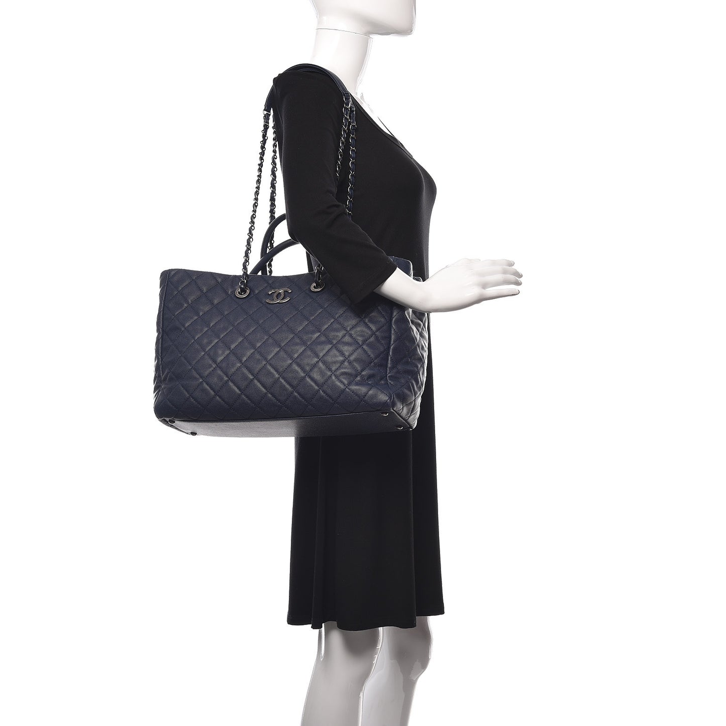Caviar Quilted Large Coco Handle Shopping Tote Navy