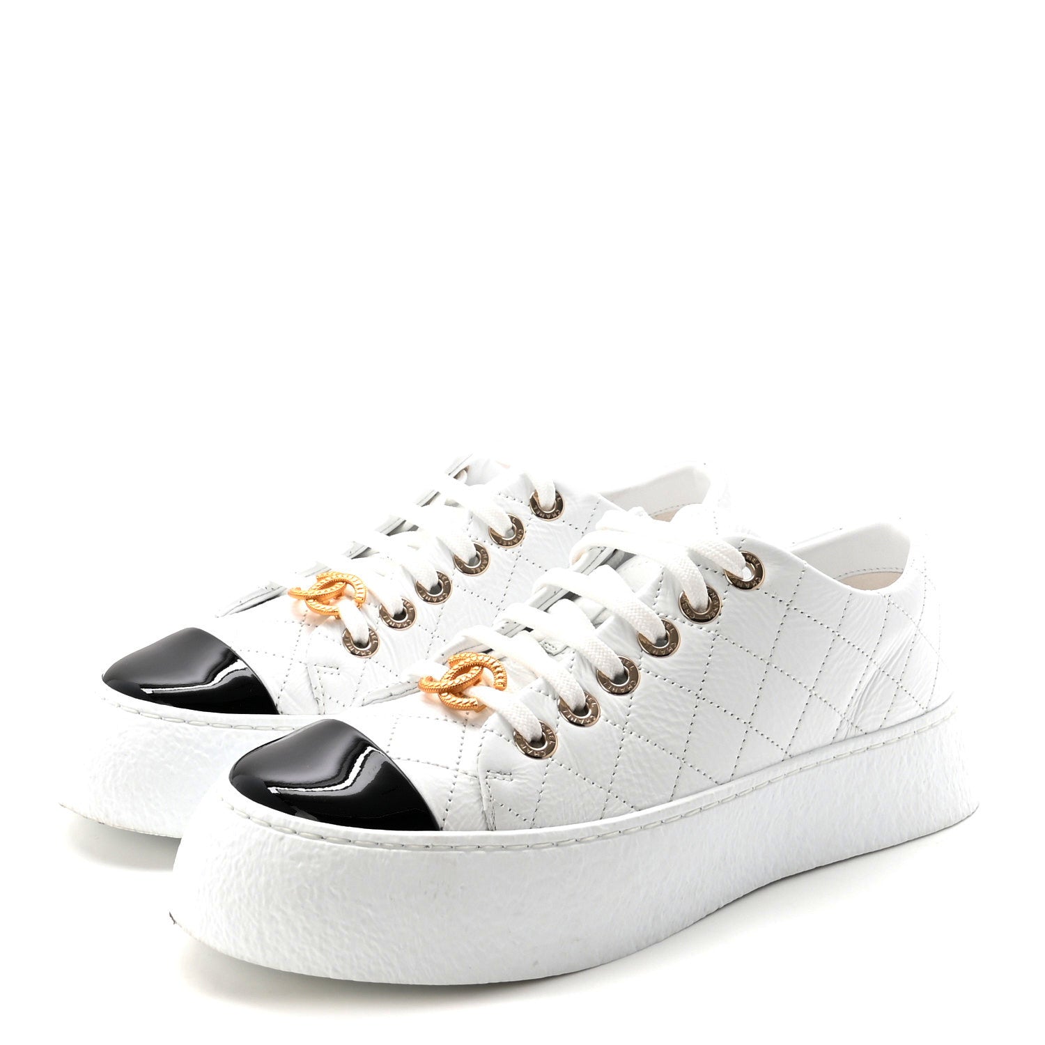 Chanel Crumpled Lambskin Patent Cap Toe CC Stitched Sneakers 37.5 White Black 4 of 10